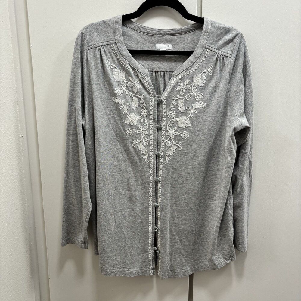 J. Jill Women’s Sz Large Cardigan Sweater Gray Heather Embroidered Button Front